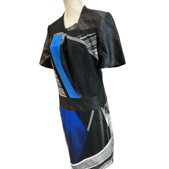 Helmut Lang Colorblock Leather & Print Short Sleeve Dress With Back Zip Closure - Picture 2 of 11